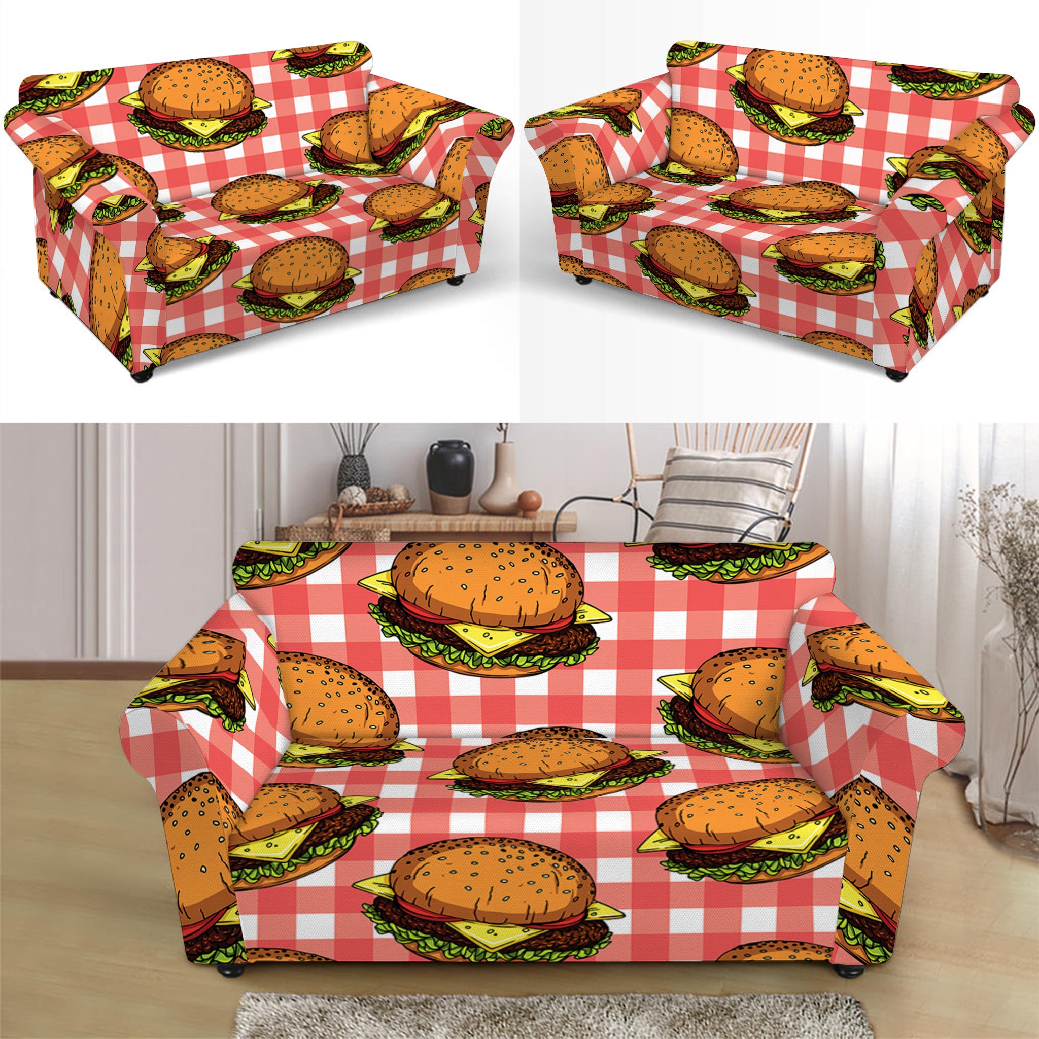 Hamburger Plaid Pattern Print Loveseat Slipcover