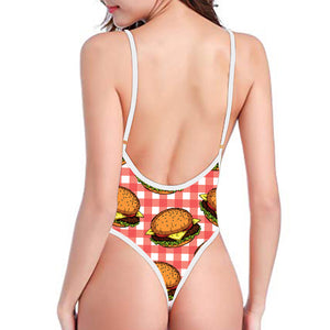 Hamburger Plaid Pattern Print One Piece High Cut Swimsuit