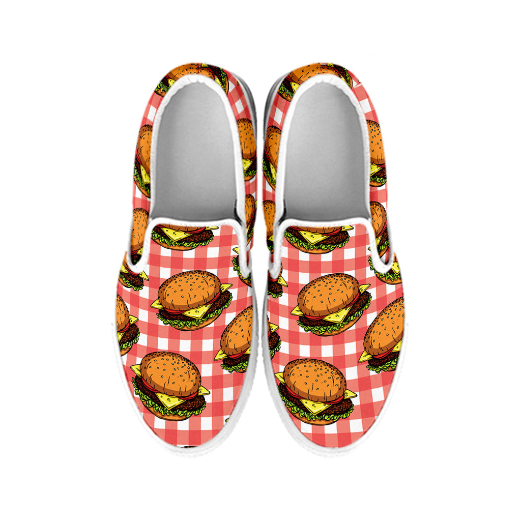 Hamburger Plaid Pattern Print White Slip On Shoes