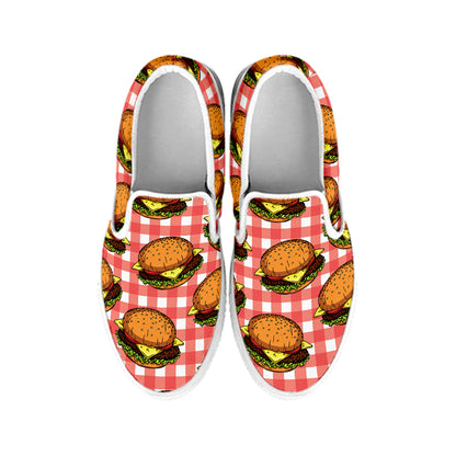 Hamburger Plaid Pattern Print White Slip On Shoes