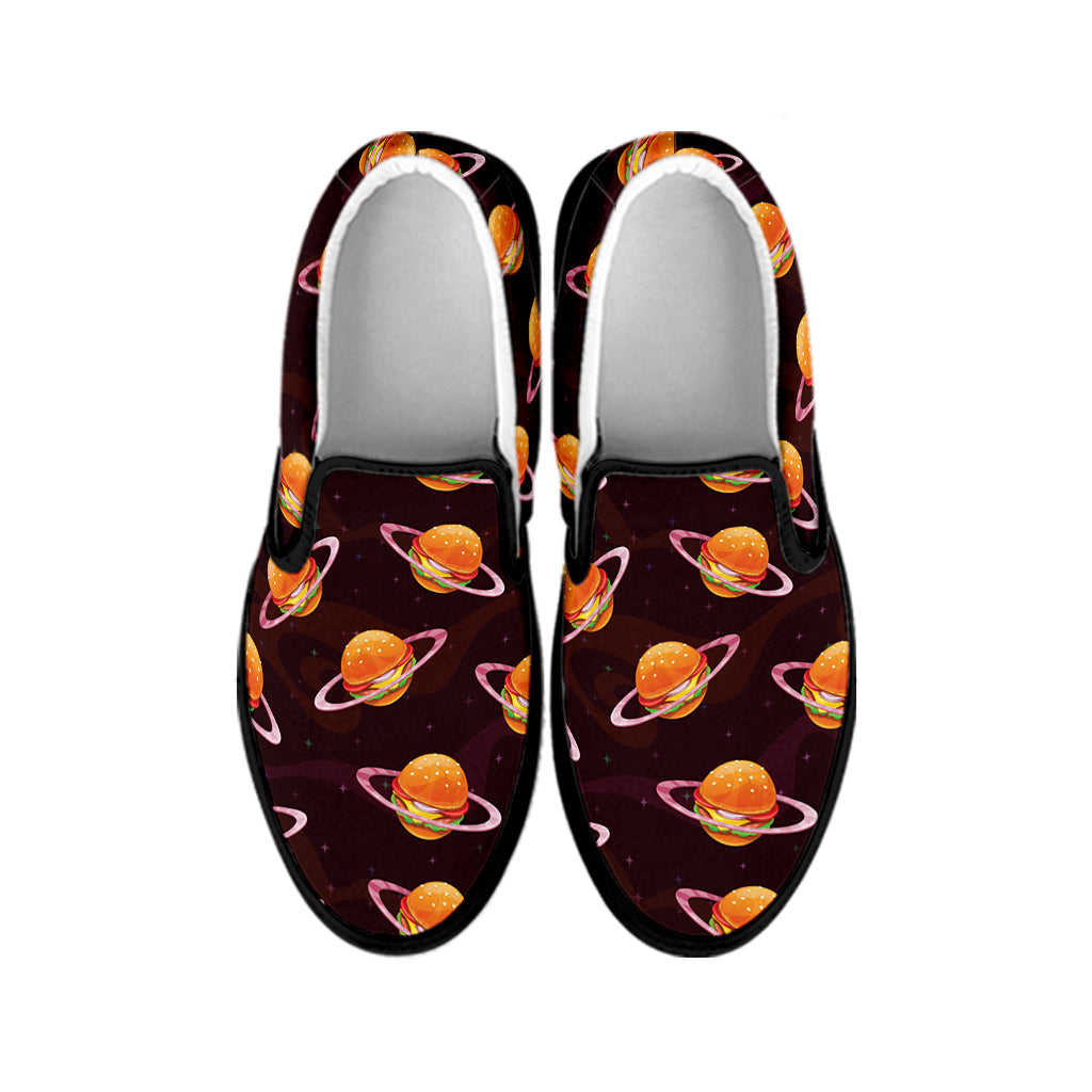 Hamburger Planet Pattern Print Black Slip On Shoes