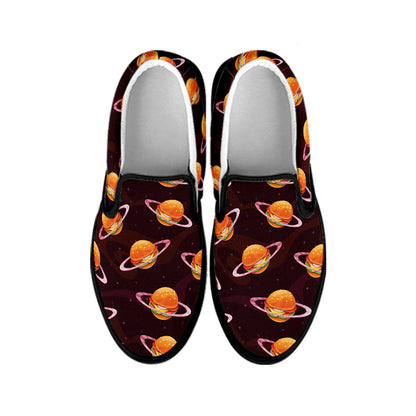 Hamburger Planet Pattern Print Black Slip On Shoes
