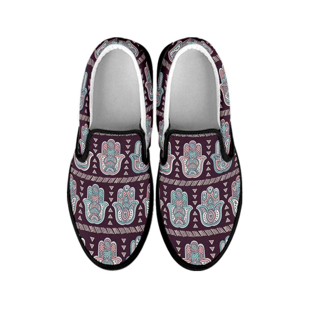 Hamsa Symbol Pattern Print Black Slip On Shoes
