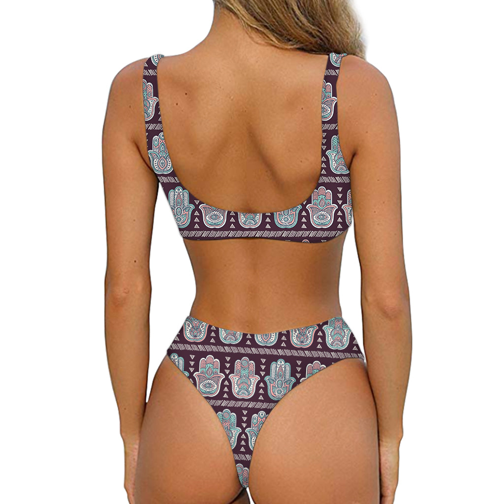 Hamsa Symbol Pattern Print Front Bow Tie Bikini