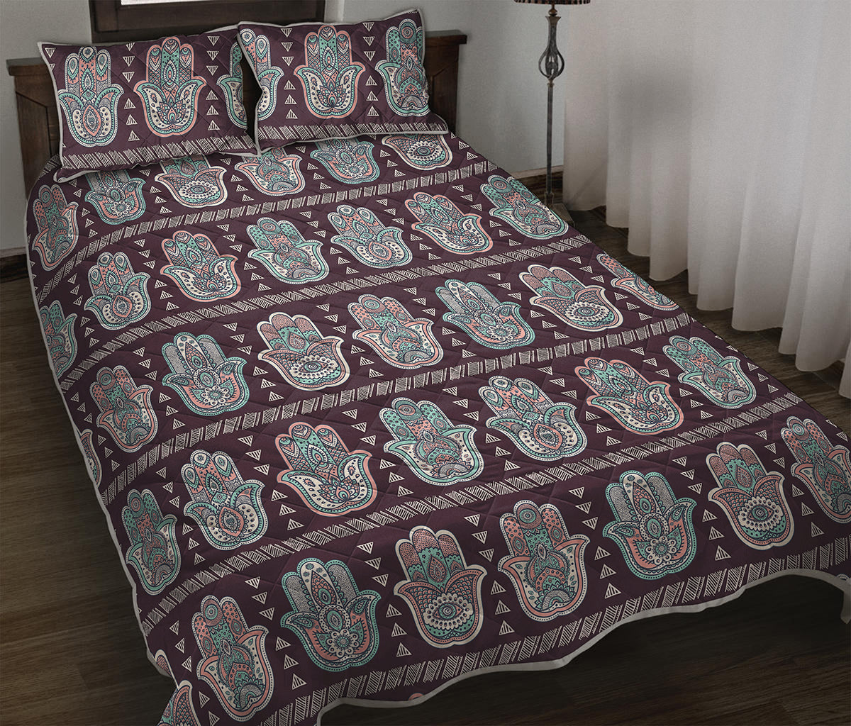 Hamsa Symbol Pattern Print Quilt Bed Set
