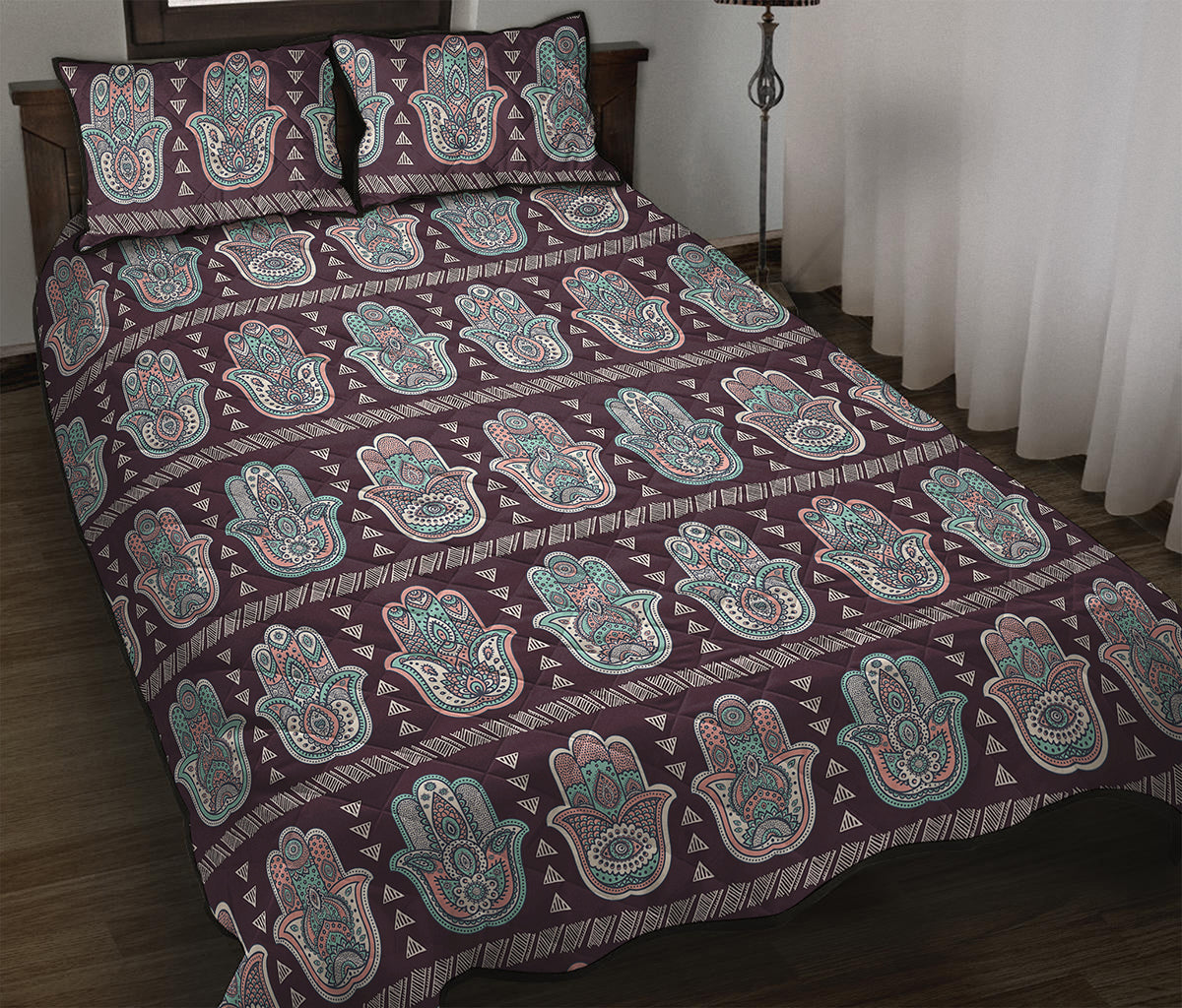 Hamsa Symbol Pattern Print Quilt Bed Set