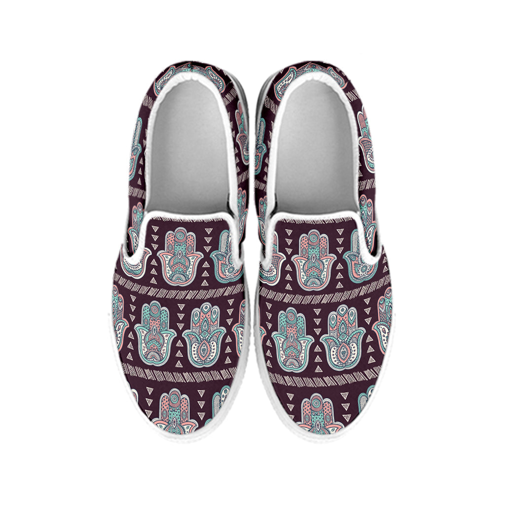 Hamsa Symbol Pattern Print White Slip On Shoes