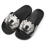 Hand Drawn Alaskan Malamute Print Black Slide Sandals