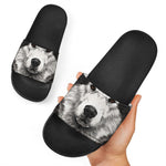 Hand Drawn Alaskan Malamute Print Black Slide Sandals
