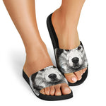 Hand Drawn Alaskan Malamute Print Black Slide Sandals