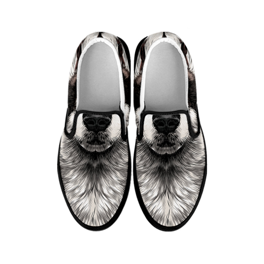 Hand Drawn Alaskan Malamute Print Black Slip On Shoes