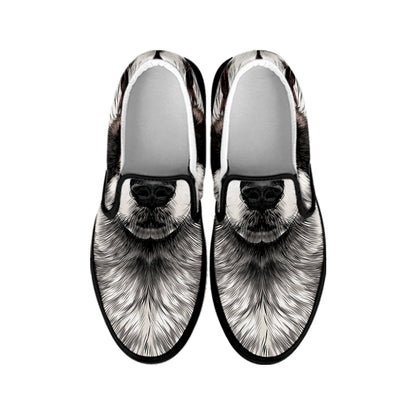 Hand Drawn Alaskan Malamute Print Black Slip On Shoes