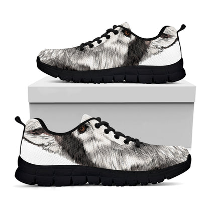Hand Drawn Alaskan Malamute Print Black Sneakers