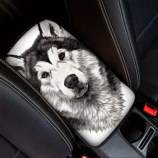 Hand Drawn Alaskan Malamute Print Car Center Console Cover
