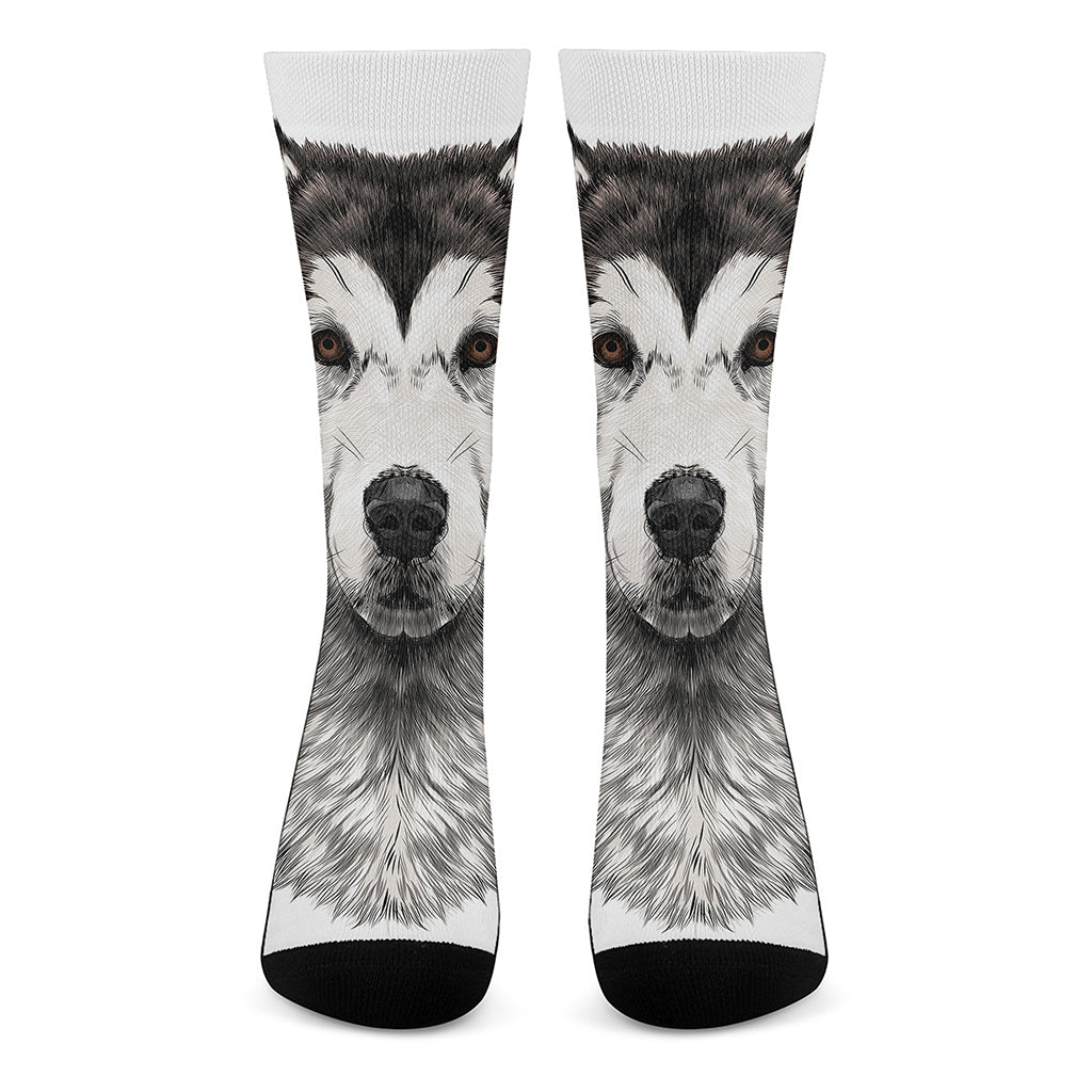 Hand Drawn Alaskan Malamute Print Crew Socks