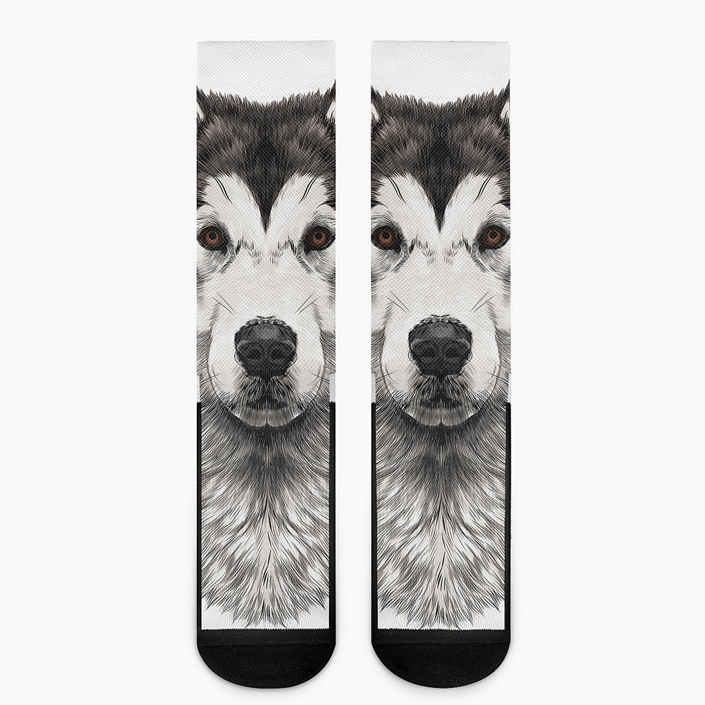 Hand Drawn Alaskan Malamute Print Crew Socks