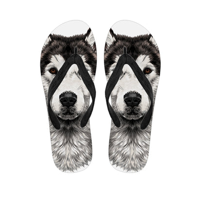 Hand Drawn Alaskan Malamute Print Flip Flops