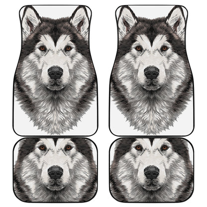 Hand Drawn Alaskan Malamute Print Front and Back Car Floor Mats