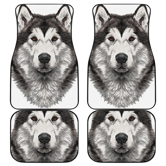 Hand Drawn Alaskan Malamute Print Front and Back Car Floor Mats