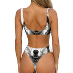 Hand Drawn Alaskan Malamute Print Front Bow Tie Bikini