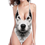 Hand Drawn Alaskan Malamute Print High Cut One Piece Swimsuit