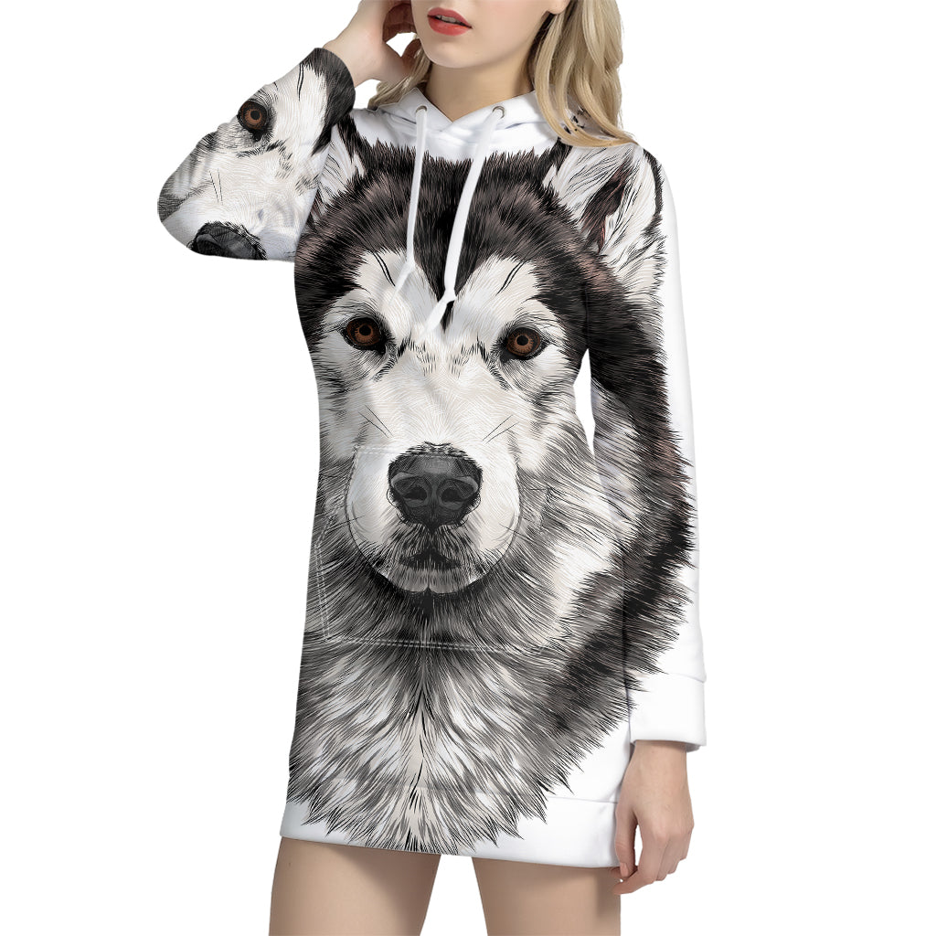 Hand Drawn Alaskan Malamute Print Pullover Hoodie Dress