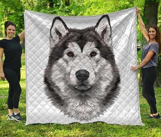 Hand Drawn Alaskan Malamute Print Quilt