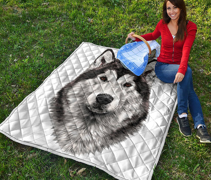 Hand Drawn Alaskan Malamute Print Quilt