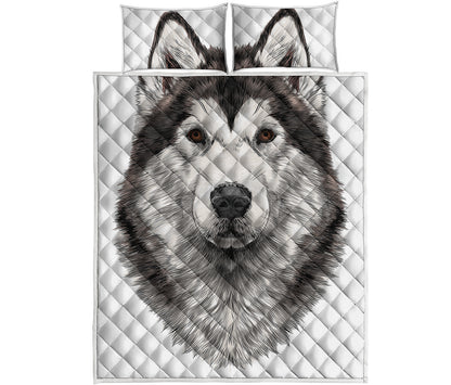 Hand Drawn Alaskan Malamute Print Quilt Bed Set