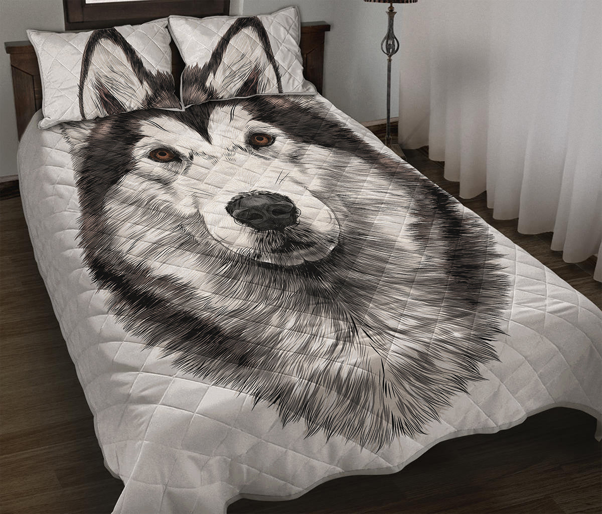 Hand Drawn Alaskan Malamute Print Quilt Bed Set