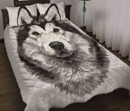 Hand Drawn Alaskan Malamute Print Quilt Bed Set