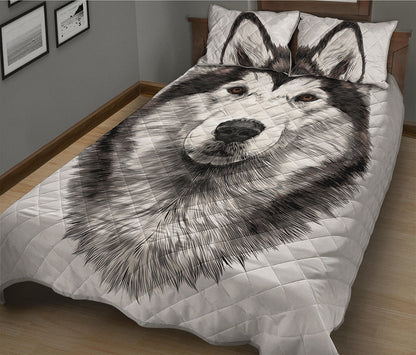 Hand Drawn Alaskan Malamute Print Quilt Bed Set