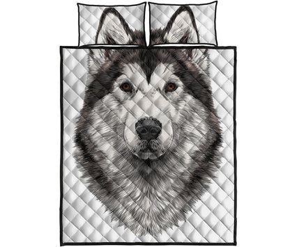 Hand Drawn Alaskan Malamute Print Quilt Bed Set