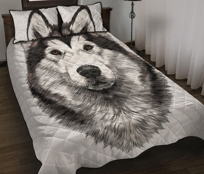 Hand Drawn Alaskan Malamute Print Quilt Bed Set