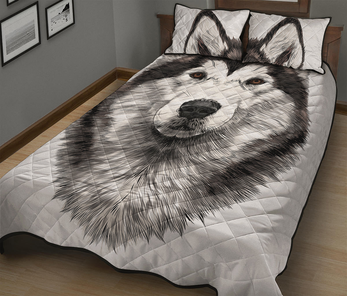 Hand Drawn Alaskan Malamute Print Quilt Bed Set