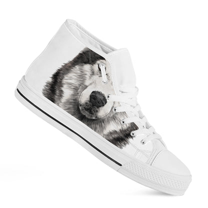 Hand Drawn Alaskan Malamute Print White High Top Shoes