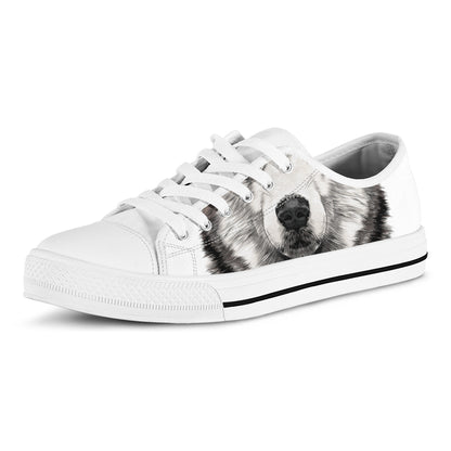 Hand Drawn Alaskan Malamute Print White Low Top Shoes