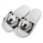 Hand Drawn Alaskan Malamute Print White Slide Sandals
