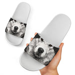 Hand Drawn Alaskan Malamute Print White Slide Sandals