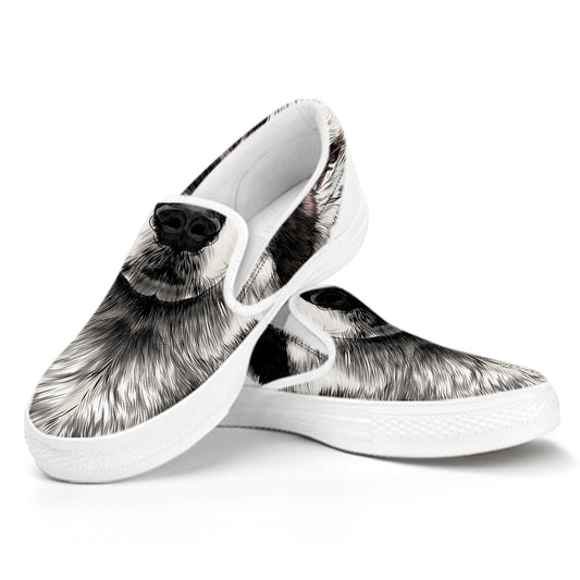 Hand Drawn Alaskan Malamute Print White Slip On Shoes