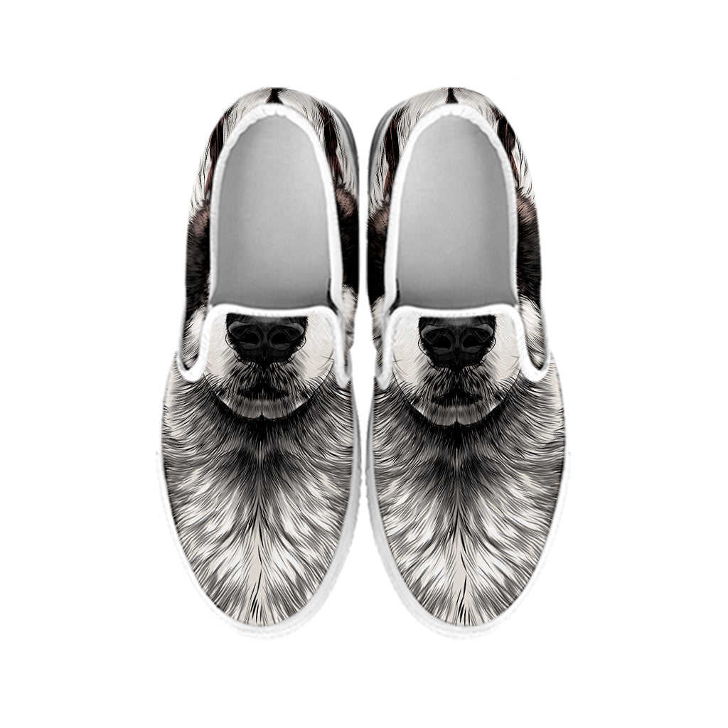 Hand Drawn Alaskan Malamute Print White Slip On Shoes