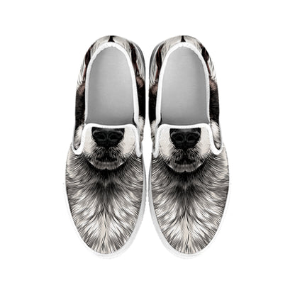 Hand Drawn Alaskan Malamute Print White Slip On Shoes