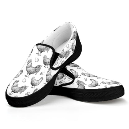 Hand Drawn Chicken Pattern Print Black Slip On Shoes