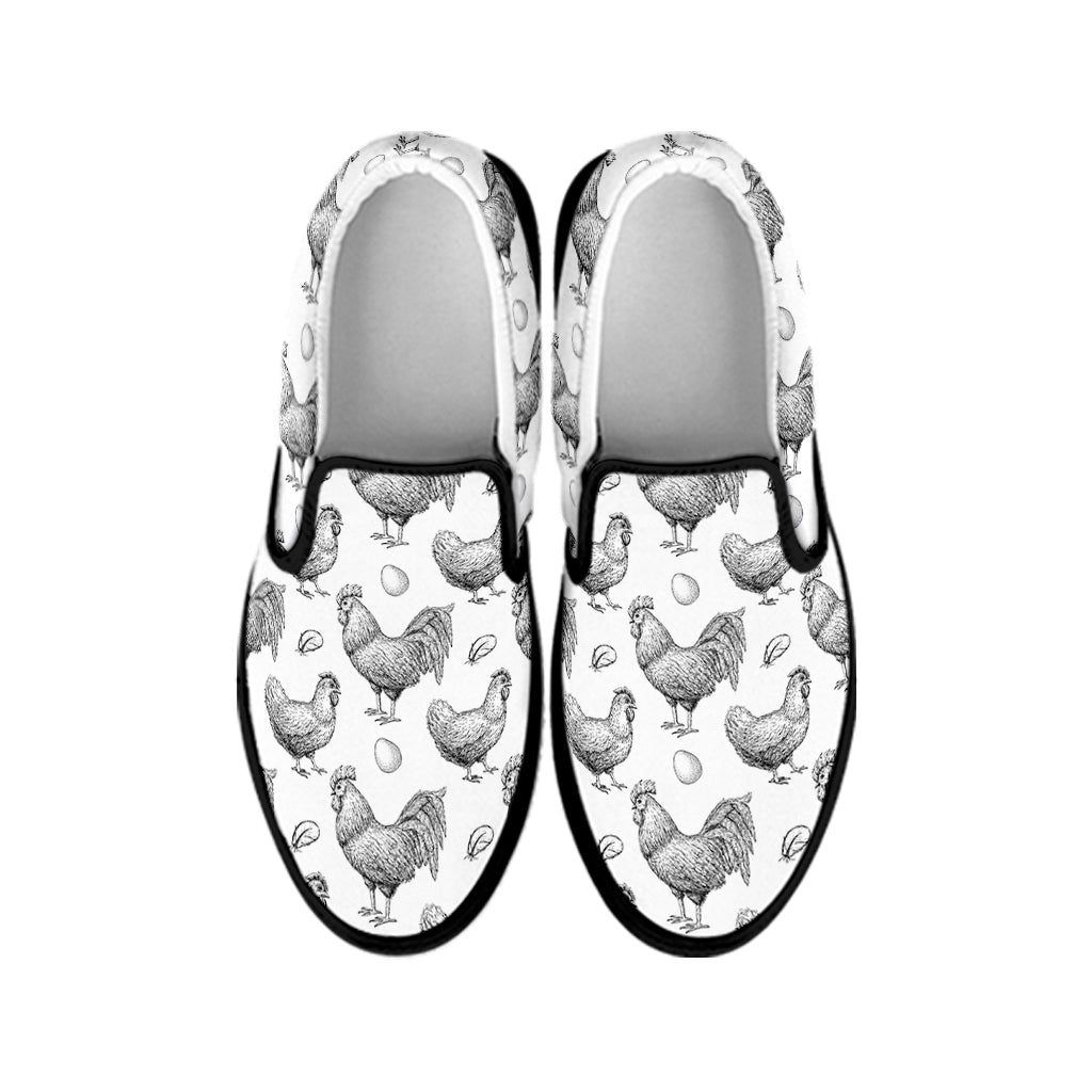 Hand Drawn Chicken Pattern Print Black Slip On Shoes