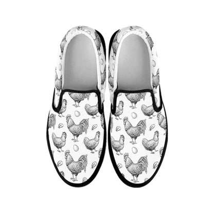 Hand Drawn Chicken Pattern Print Black Slip On Shoes