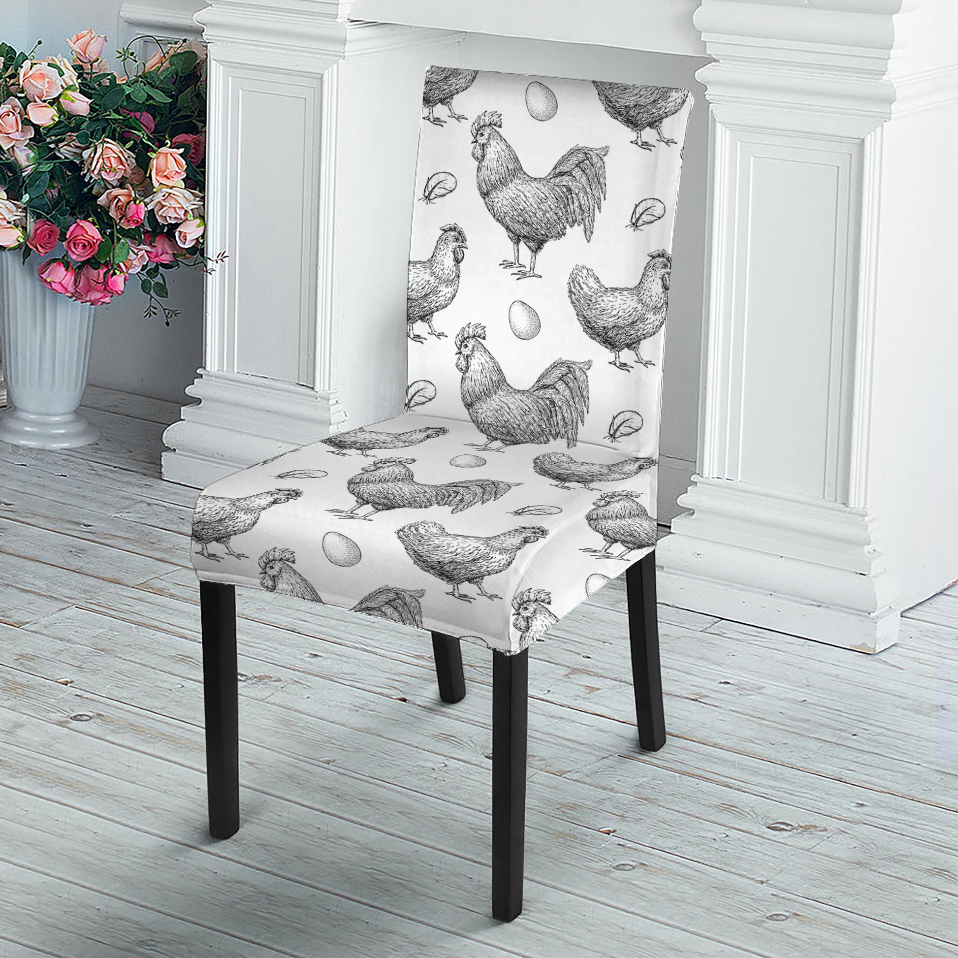 Hand Drawn Chicken Pattern Print Dining Chair Slipcover