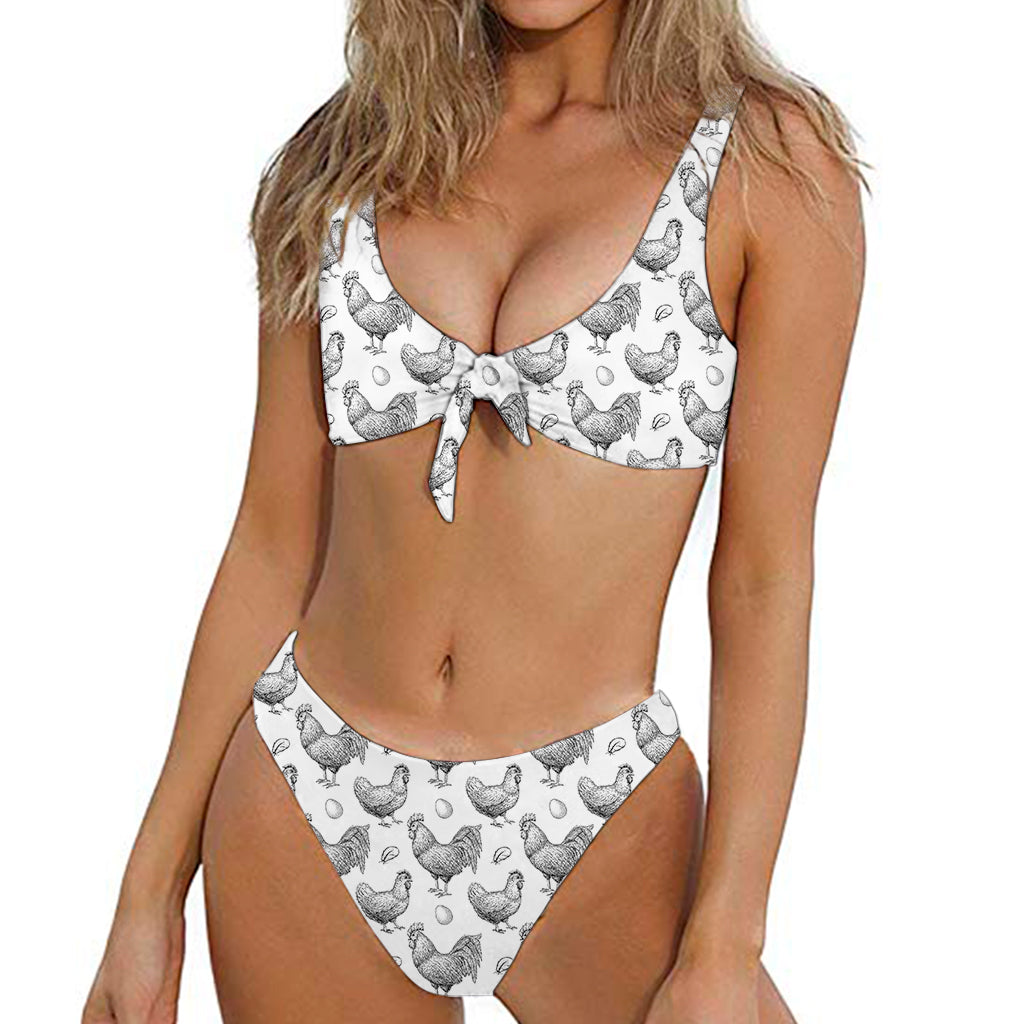 Hand Drawn Chicken Pattern Print Front Bow Tie Bikini
