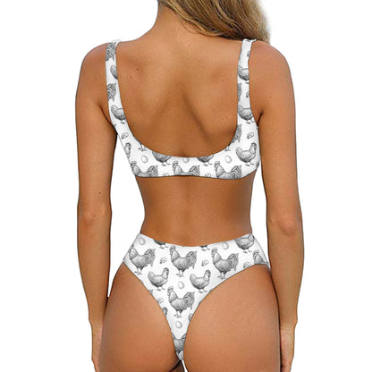 Hand Drawn Chicken Pattern Print Front Bow Tie Bikini