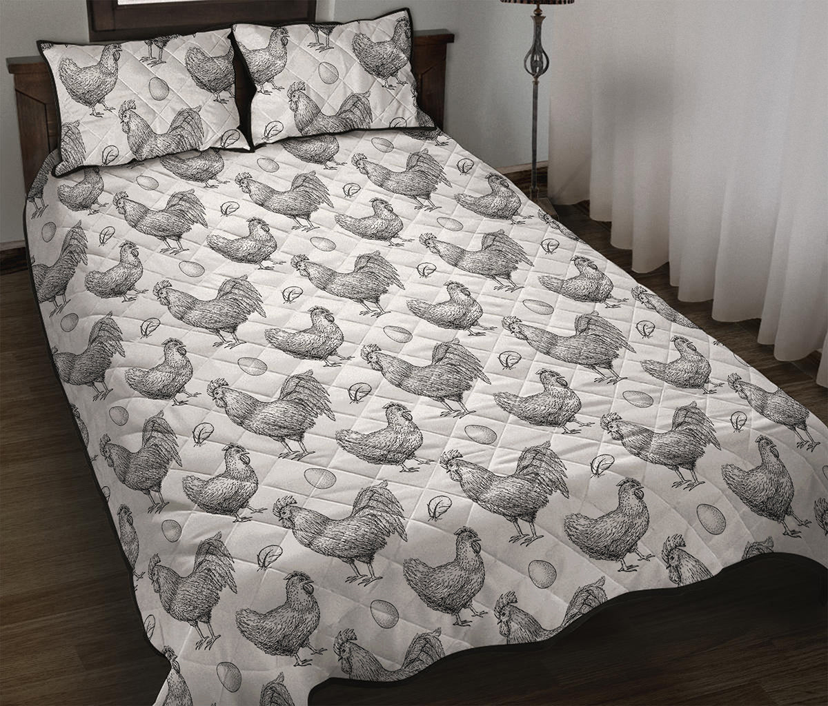 Hand Drawn Chicken Pattern Print Quilt Bed Set