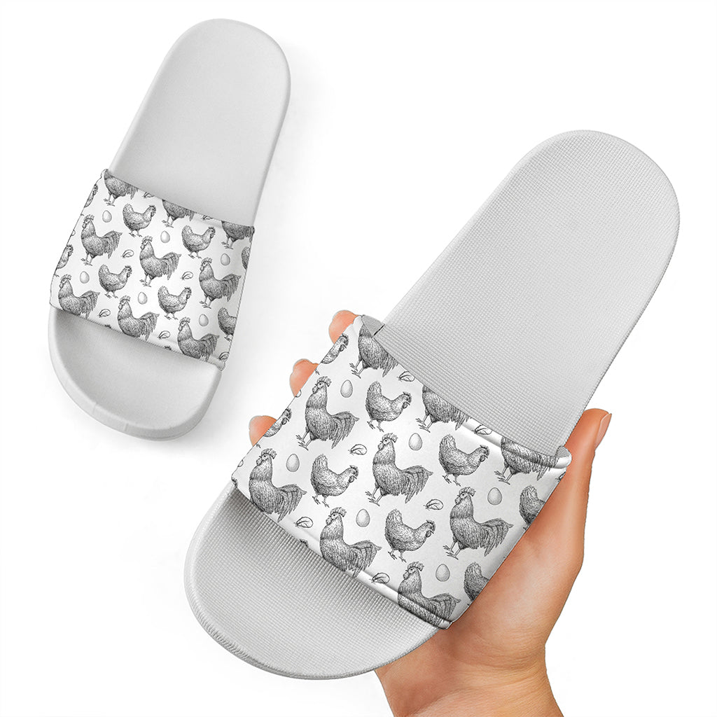 Hand Drawn Chicken Pattern Print White Slide Sandals